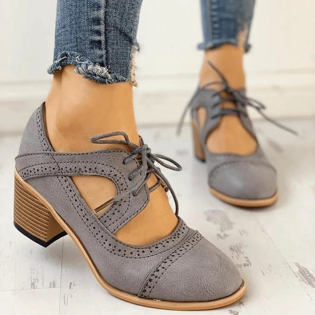 Cutout Oxford Heels for Women | Retro Lace-Up Design | Mid-Block Heel Comfort