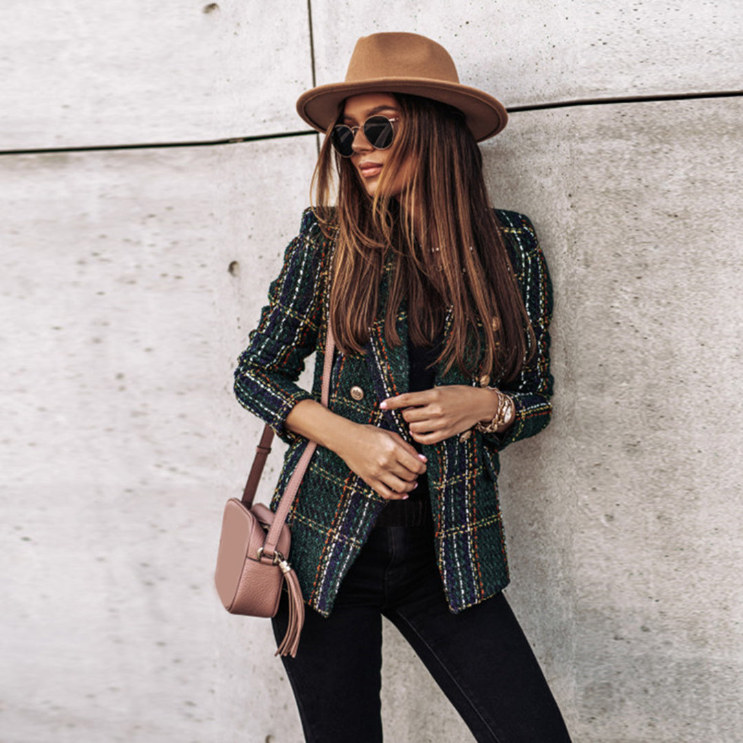 Plaid Tweed Blazer | Double-Breasted with Gold Buttons | Structured Fall Outerwear