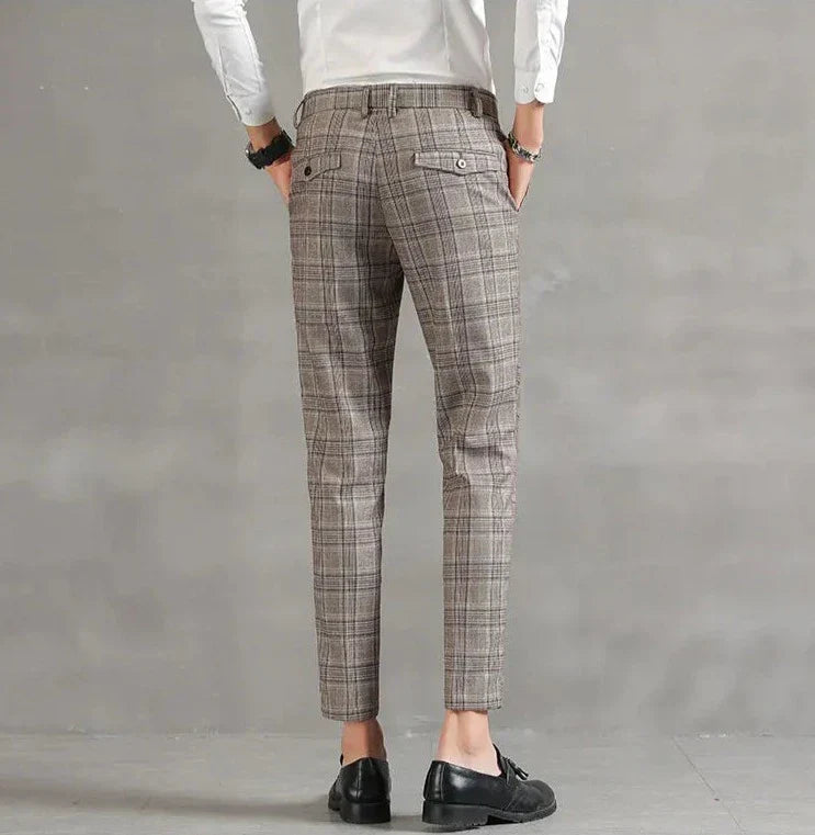 Plaid Slim Fit Dress Pants | Cropped Length with Stretch Waist