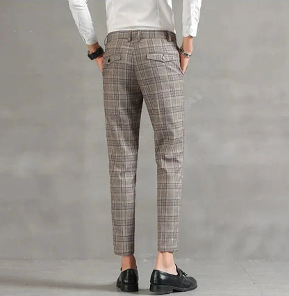 Plaid Slim Fit Dress Pants | Cropped Length with Stretch Waist