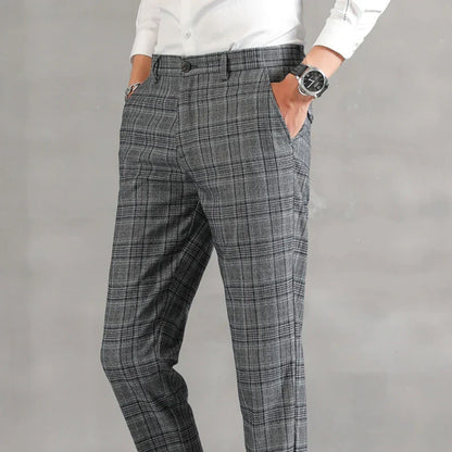 Plaid Slim Fit Dress Pants | Cropped Length with Stretch Waist