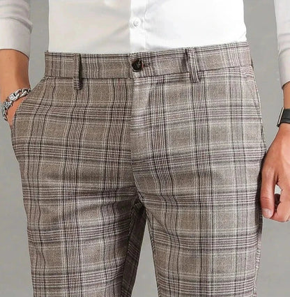 Plaid Slim Fit Dress Pants | Cropped Length with Stretch Waist