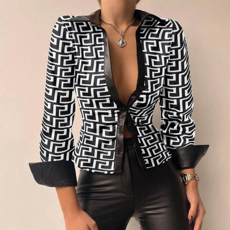 Vegan Leather Tie-Front Blouse | Deep V-Neck | Tailored with Flared Hem