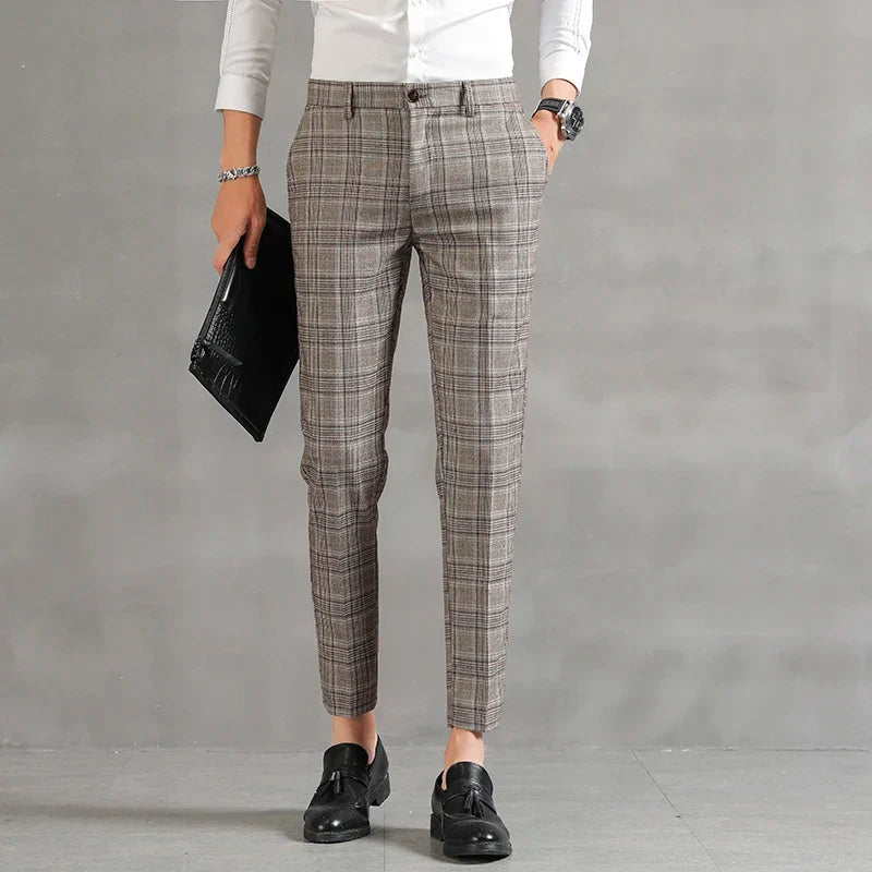 Plaid Slim Fit Dress Pants | Cropped Length with Stretch Waist