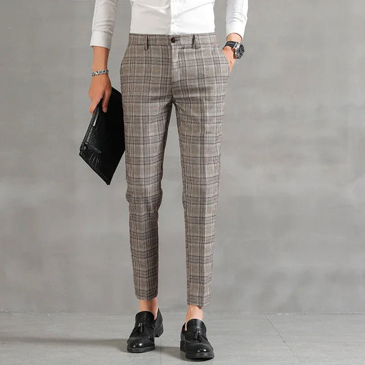 Plaid Slim Fit Dress Pants | Cropped Length with Stretch Waist