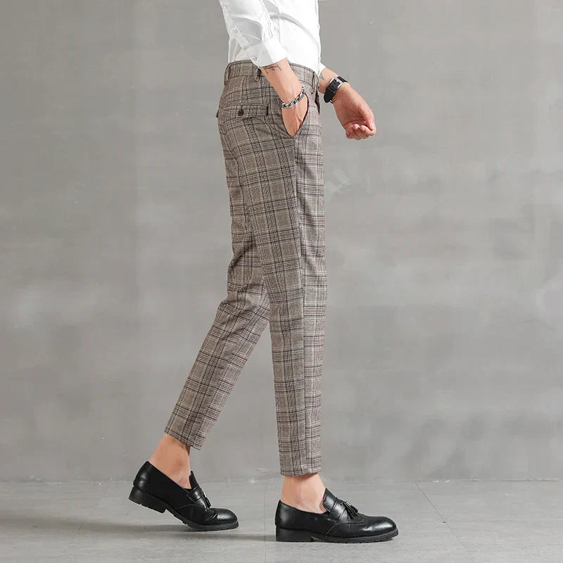 Plaid Slim Fit Dress Pants | Cropped Length with Stretch Waist