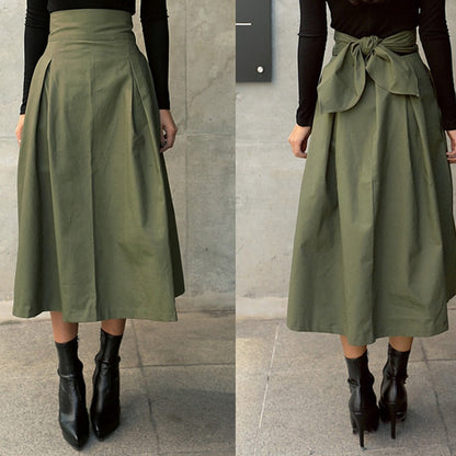 Women’s High-Waisted A-Line Midi Skirt | Olive Green Flowy Silhouette | Fall Layering Essential