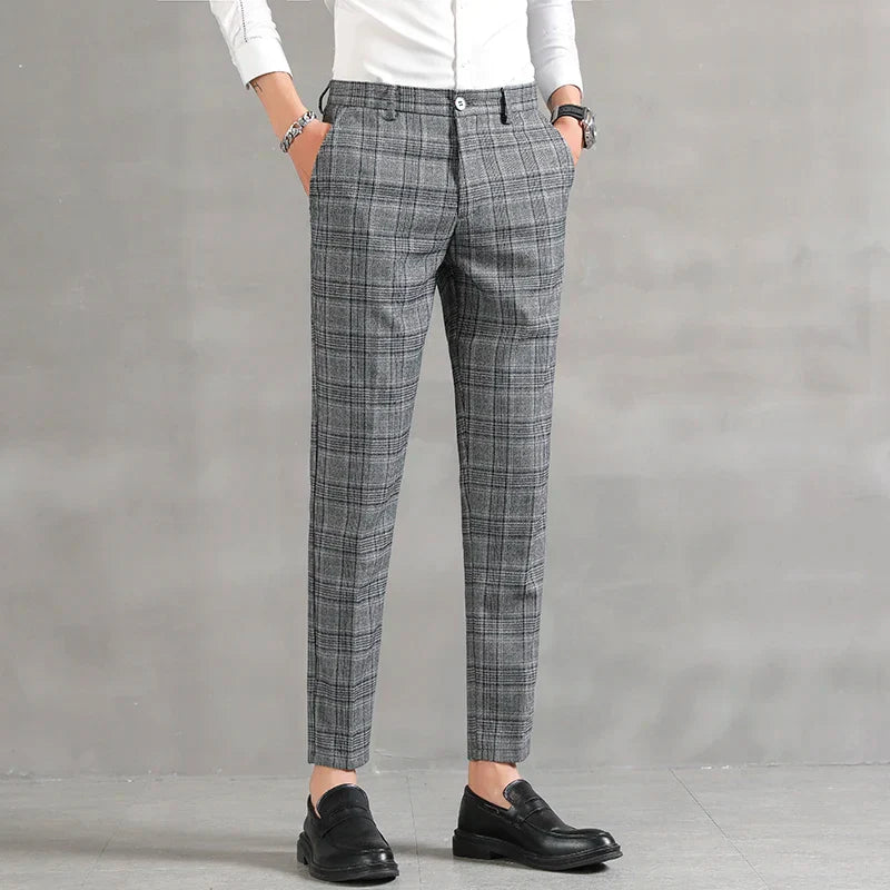Plaid Slim Fit Dress Pants | Cropped Length with Stretch Waist