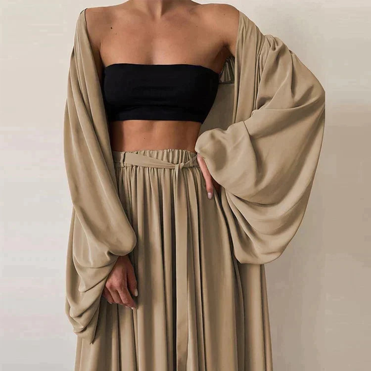 3-Piece Lounge Set | Flowy Robe + Bandeau Top + High-Waist Pants | Lightweight Travel Co-ord