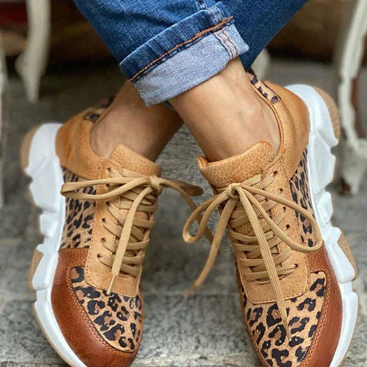 Leopard Print Chunky Sneakers | Mixed Material Lace-Ups with Cushioned Sole