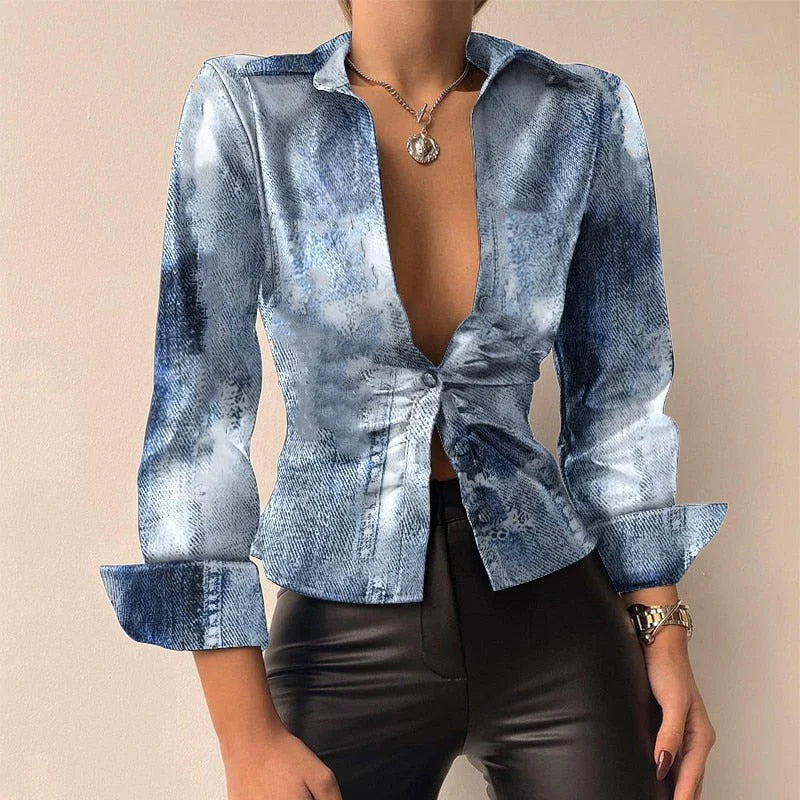 Vegan Leather Tie-Front Blouse | Deep V-Neck | Tailored with Flared Hem