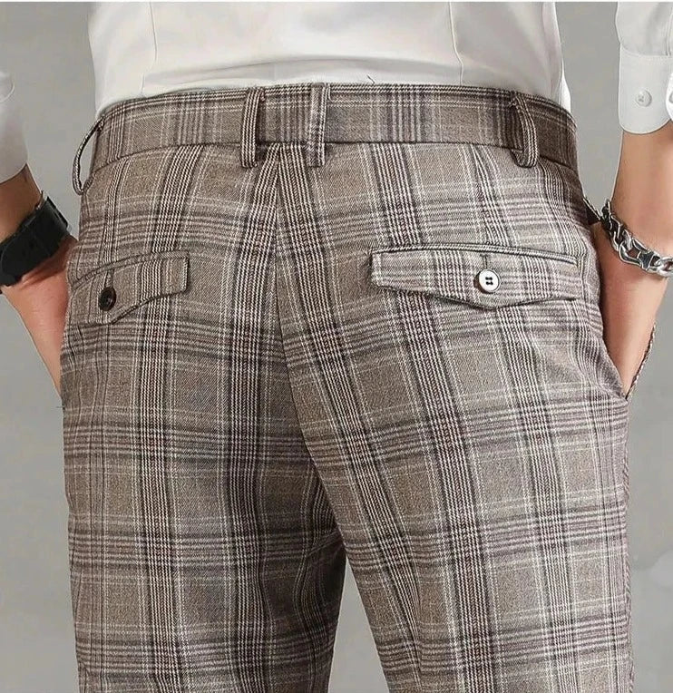 Plaid Slim Fit Dress Pants | Cropped Length with Stretch Waist