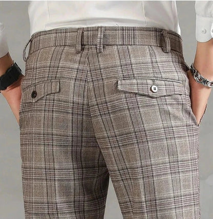 Plaid Slim Fit Dress Pants | Cropped Length with Stretch Waist
