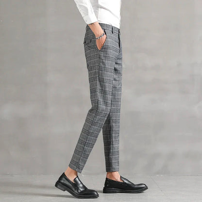 Plaid Slim Fit Dress Pants | Cropped Length with Stretch Waist