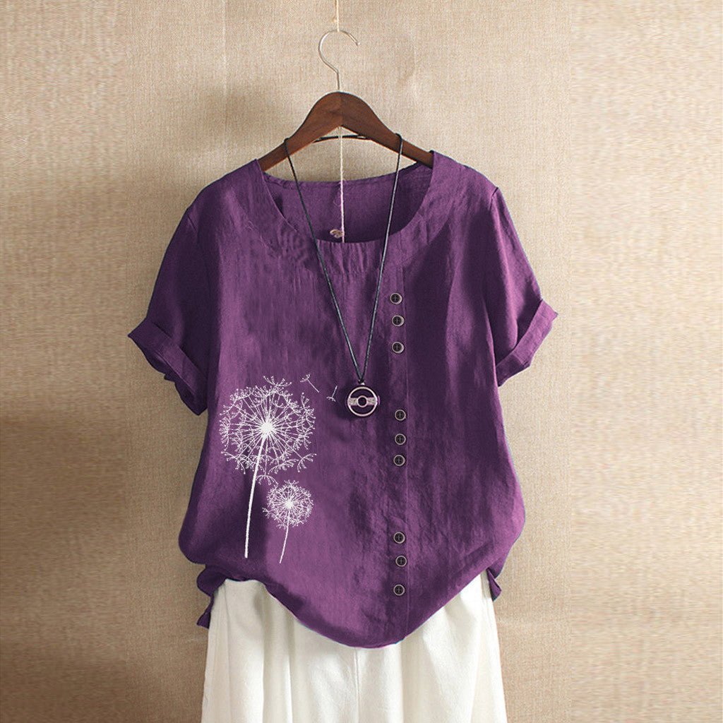 Embroidered Dandelion Button Tee | Linen Blend | Relaxed Fit
