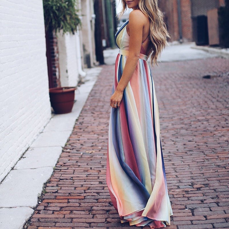 Women's Multicolour Strappy Maxi Dress | Flowy Summer Sundress | Lightweight Vacation Wear