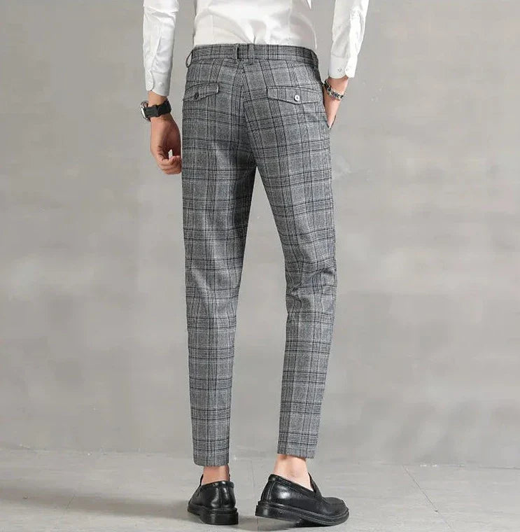 Plaid Slim Fit Dress Pants | Cropped Length with Stretch Waist