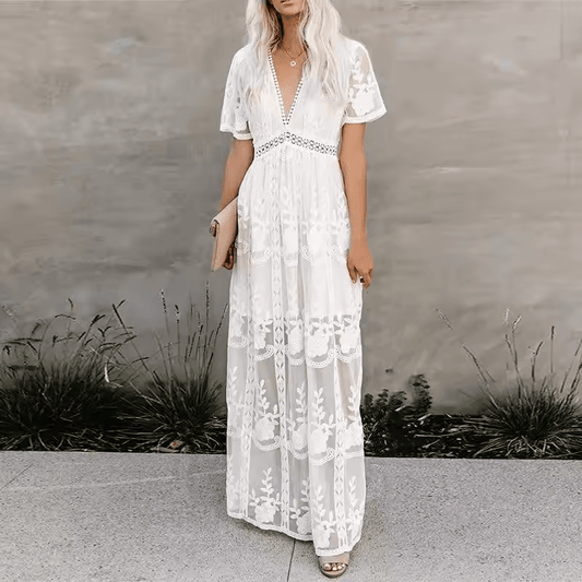 Boho Lace Maxi Dress | Deep V-Neck with Sheer Overlay | Elegant Summer Occasionwear