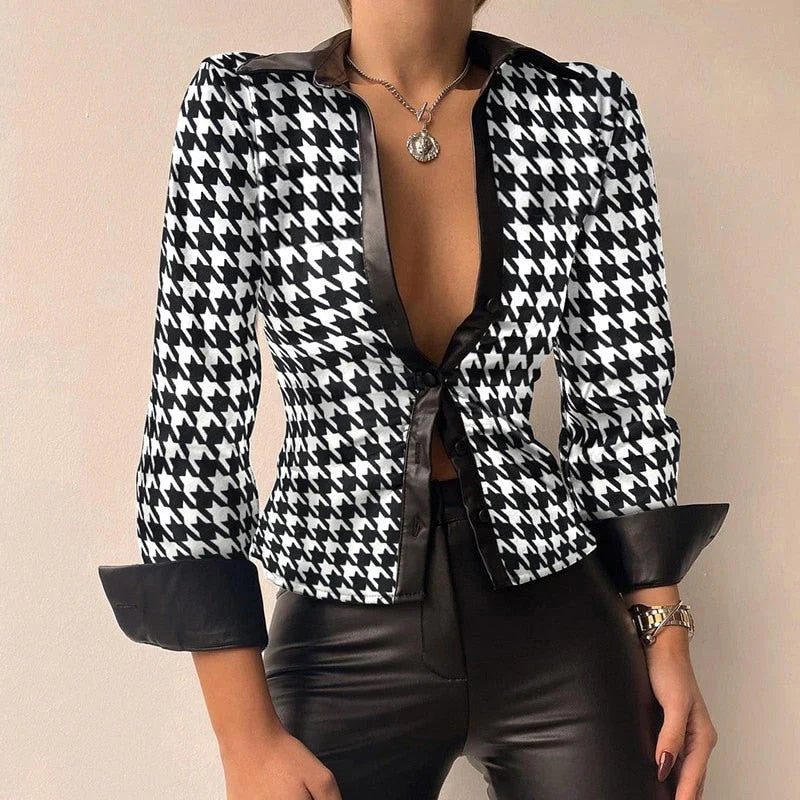 Vegan Leather Tie-Front Blouse | Deep V-Neck | Tailored with Flared Hem