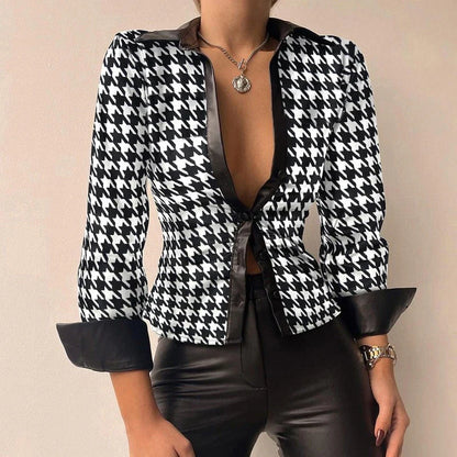 Vegan Leather Tie-Front Blouse | Deep V-Neck | Tailored with Flared Hem