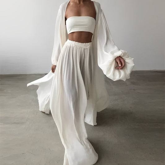 3-Piece Lounge Set | Flowy Robe + Bandeau Top + High-Waist Pants | Lightweight Travel Co-ord