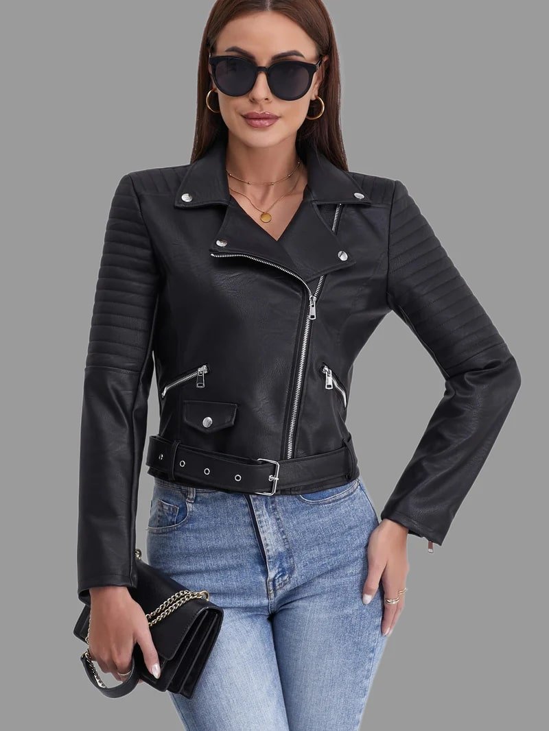 Women's Biker Jacket | Classic Black PU Leather | Asymmetrical Zipper | Edgy Streetwear