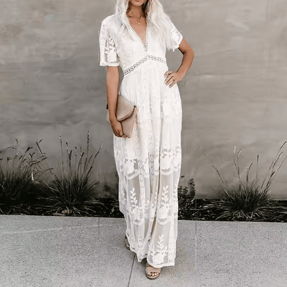 Boho Lace Maxi Dress | Deep V-Neck with Sheer Overlay | Elegant Summer Occasionwear