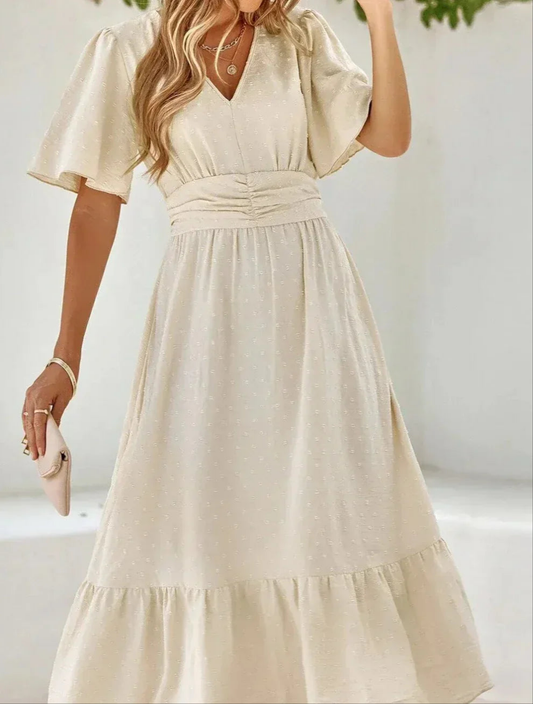 Flutter Sleeve Midi Dress | Ruched Waist & Ruffle Hem | Elegant Summer Dress
