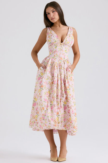 Floral Corset Sundress | Fit & Flare Silhouette with Sweetheart Neckline | Summer Garden Dress