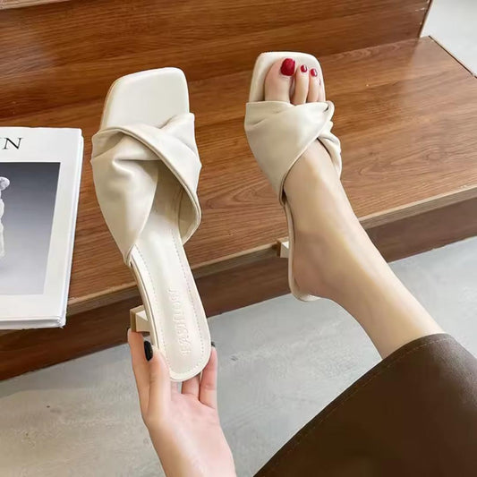 Knotted Strap Slide Sandals | Square Toe | Low Block Heel Comfort