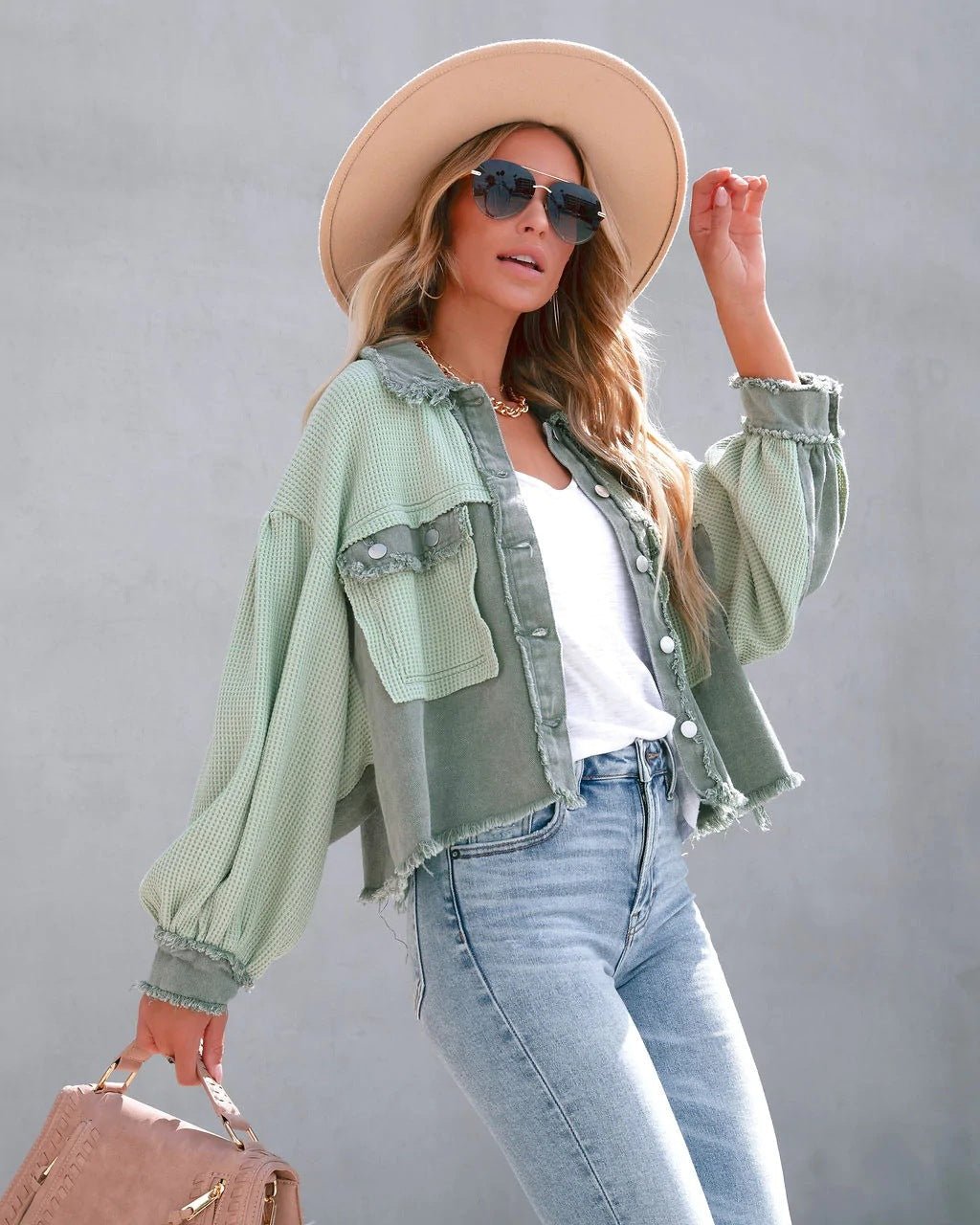 Two-Tone Cropped Denim Jacket | Balloon Sleeves | Trendy Layering Piece | Casual Style