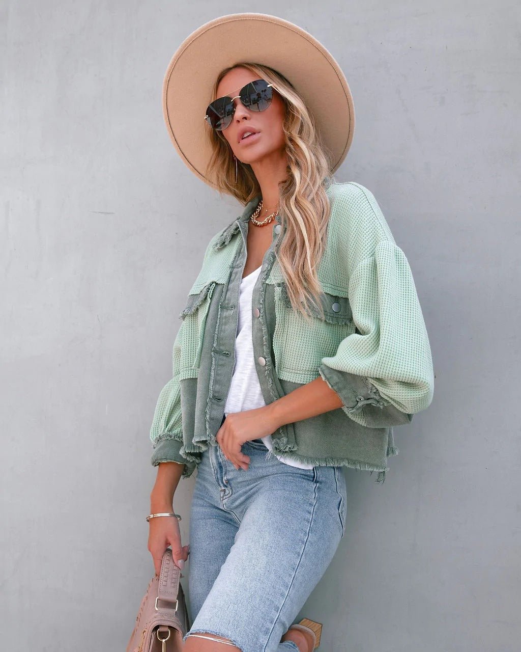 Two-Tone Cropped Denim Jacket | Balloon Sleeves | Trendy Layering Piece | Casual Style