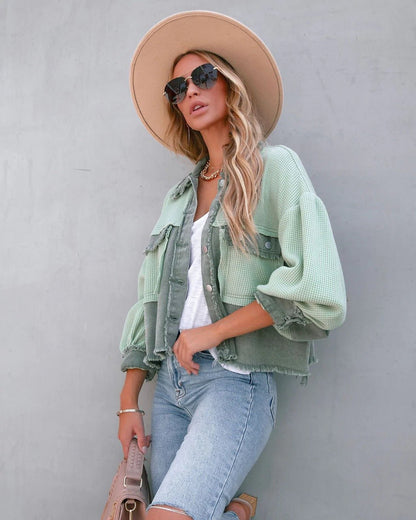 Two-Tone Cropped Denim Jacket | Balloon Sleeves | Trendy Layering Piece | Casual Style