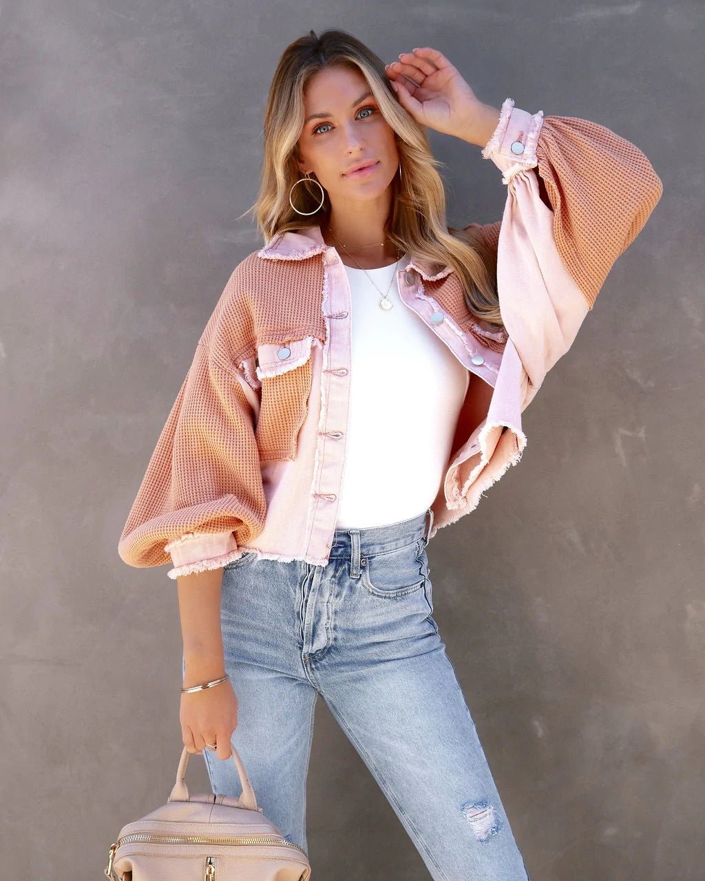 Two-Tone Cropped Denim Jacket | Balloon Sleeves | Trendy Layering Piece | Casual Style