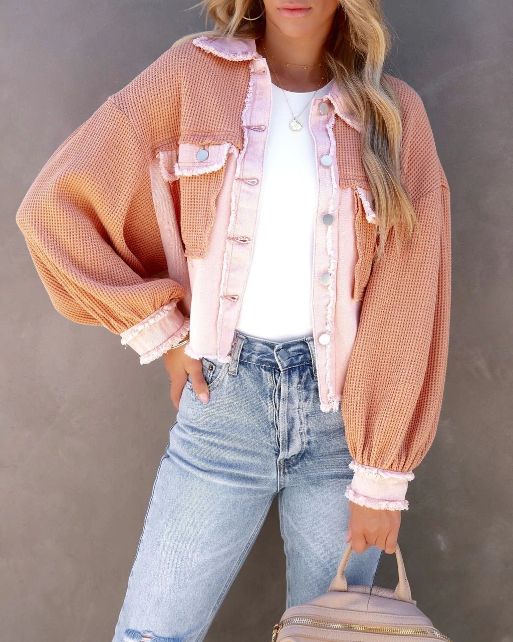 Two-Tone Cropped Denim Jacket | Balloon Sleeves | Trendy Layering Piece | Casual Style