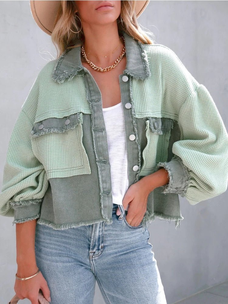 Two-Tone Cropped Denim Jacket | Balloon Sleeves | Trendy Layering Piece | Casual Style