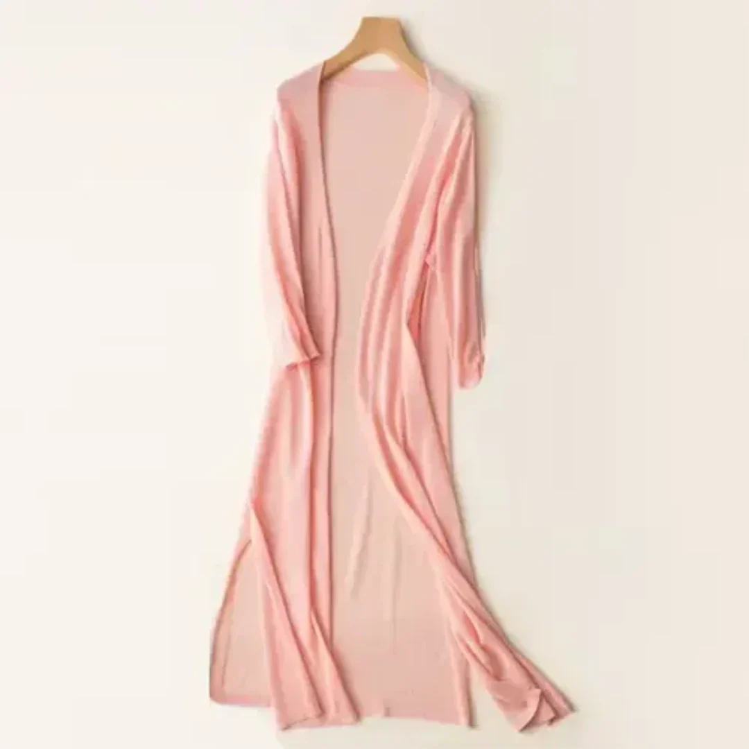 Lightweight Duster Cardigan | Longline Silhouette with Side Slits | Sheer Knit Layer