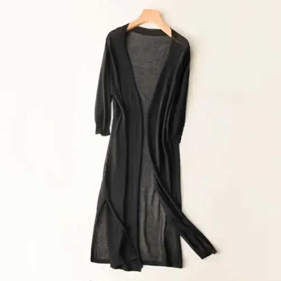 Lightweight Duster Cardigan | Longline Silhouette with Side Slits | Sheer Knit Layer