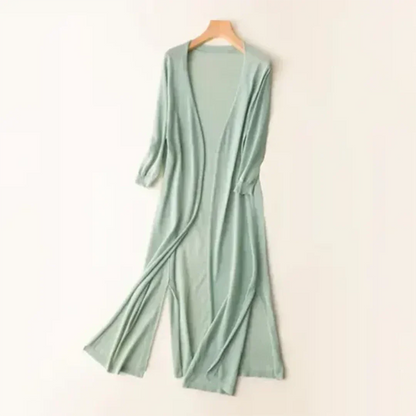 Lightweight Duster Cardigan | Longline Silhouette with Side Slits | Sheer Knit Layer