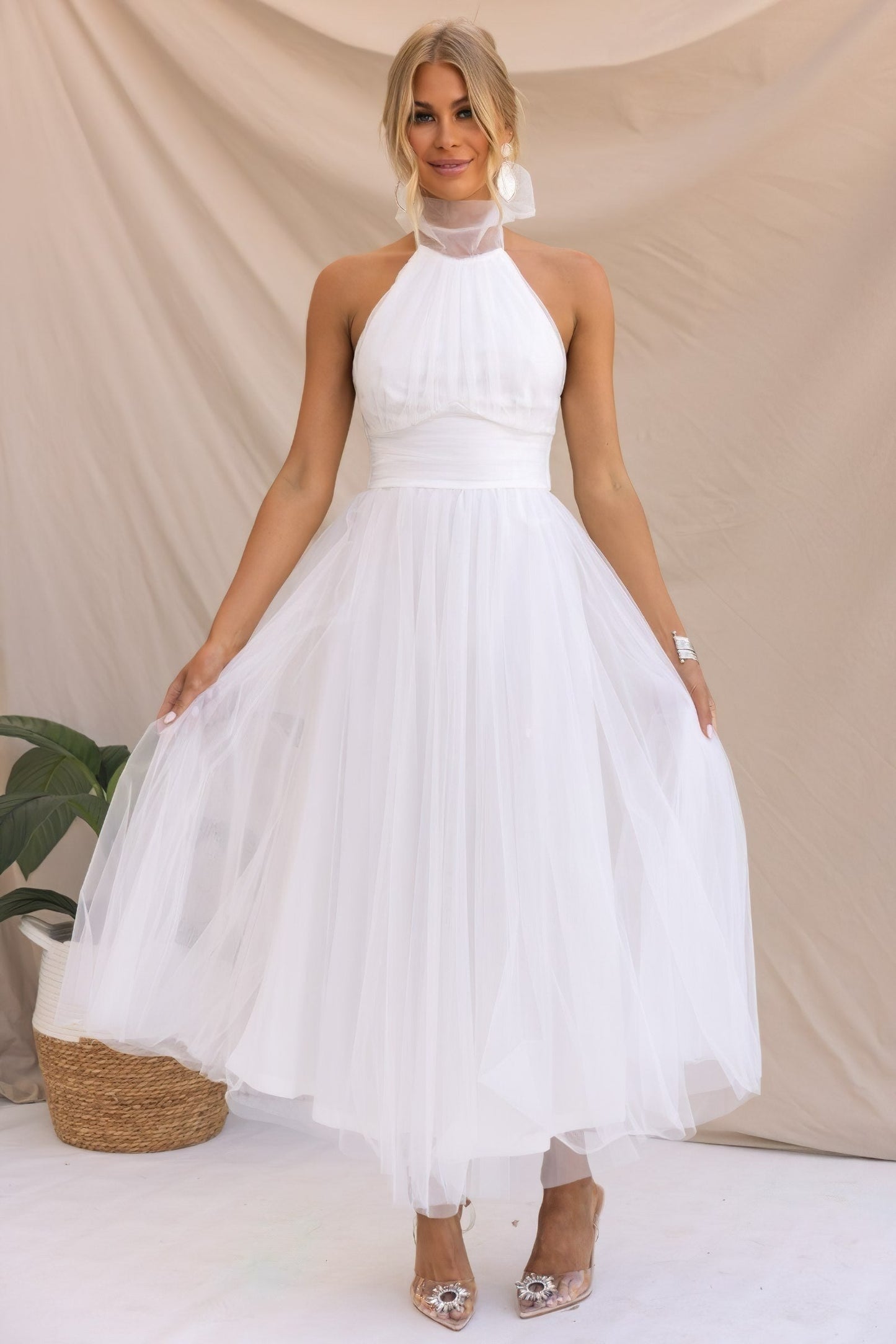 Halter Neck Tulle Midi Dress | Layered A-Line with Sheer Tie Neck | Elegant Occasionwear
