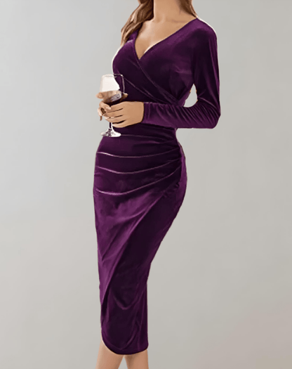 Velvet Wrap Midi Dress | Long Sleeves | Elegant Evening Wear