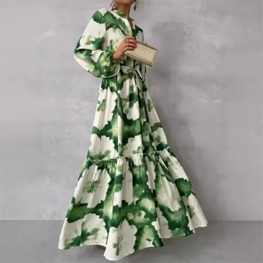 Tie-Dye Tiered Maxi Dress | Long Sleeve & Self-Tie Waist | Lightweight Boho Silhouette
