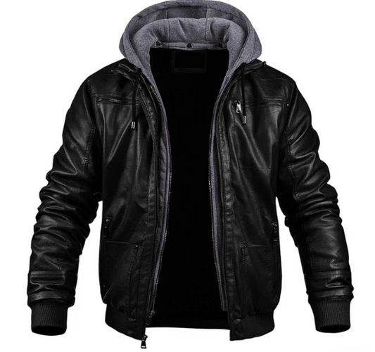 Men’s Faux Leather Jacket with Fleece Hoodie Insert | Dual-Layer Streetwear | Fall-Winter Outerwear