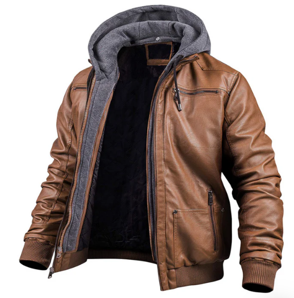 Men’s Faux Leather Jacket with Fleece Hoodie Insert | Dual-Layer Streetwear | Fall-Winter Outerwear