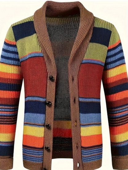 Men’s Multicolour Knit Cardigan | Retro Striped Button-Up Sweater | Fall Layering Essential