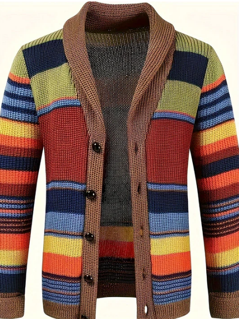 Men’s Multicolour Knit Cardigan | Retro Striped Button-Up Sweater | Fall Layering Essential