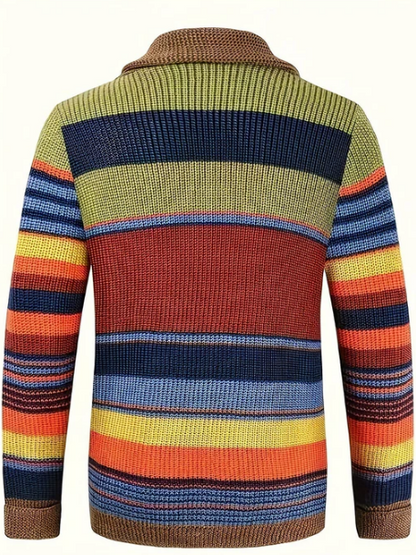 Men’s Multicolour Knit Cardigan | Retro Striped Button-Up Sweater | Fall Layering Essential