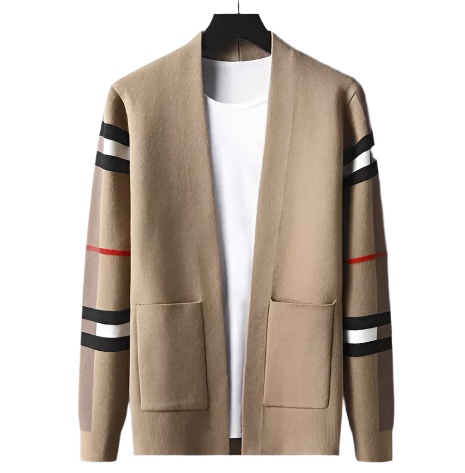 Men’s Knit Cardigan | Open Front | Striped Sleeve Detail