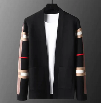 Men’s Knit Cardigan | Open Front | Striped Sleeve Detail