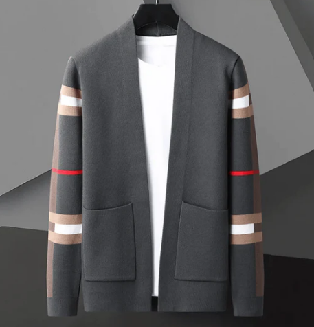 Men’s Knit Cardigan | Open Front | Striped Sleeve Detail